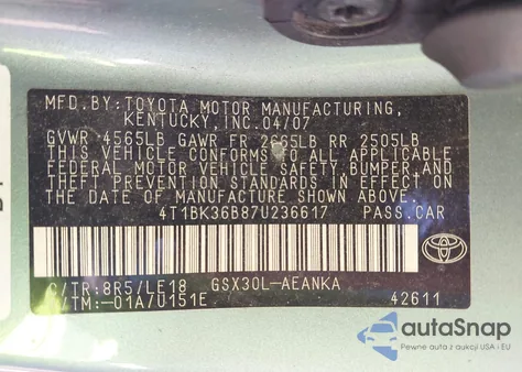 2007 Toyota Avalon Touring from USA, damaged, VIN 4T1BK36B87U236617